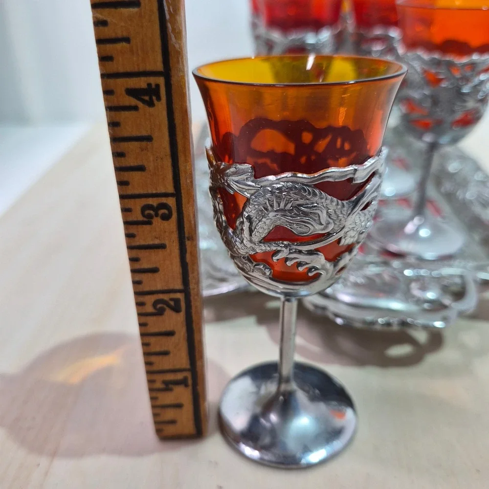 Vintage Japanese Sake Set 6 Red Dragon Cordial Glasses and Matching Serving Tray